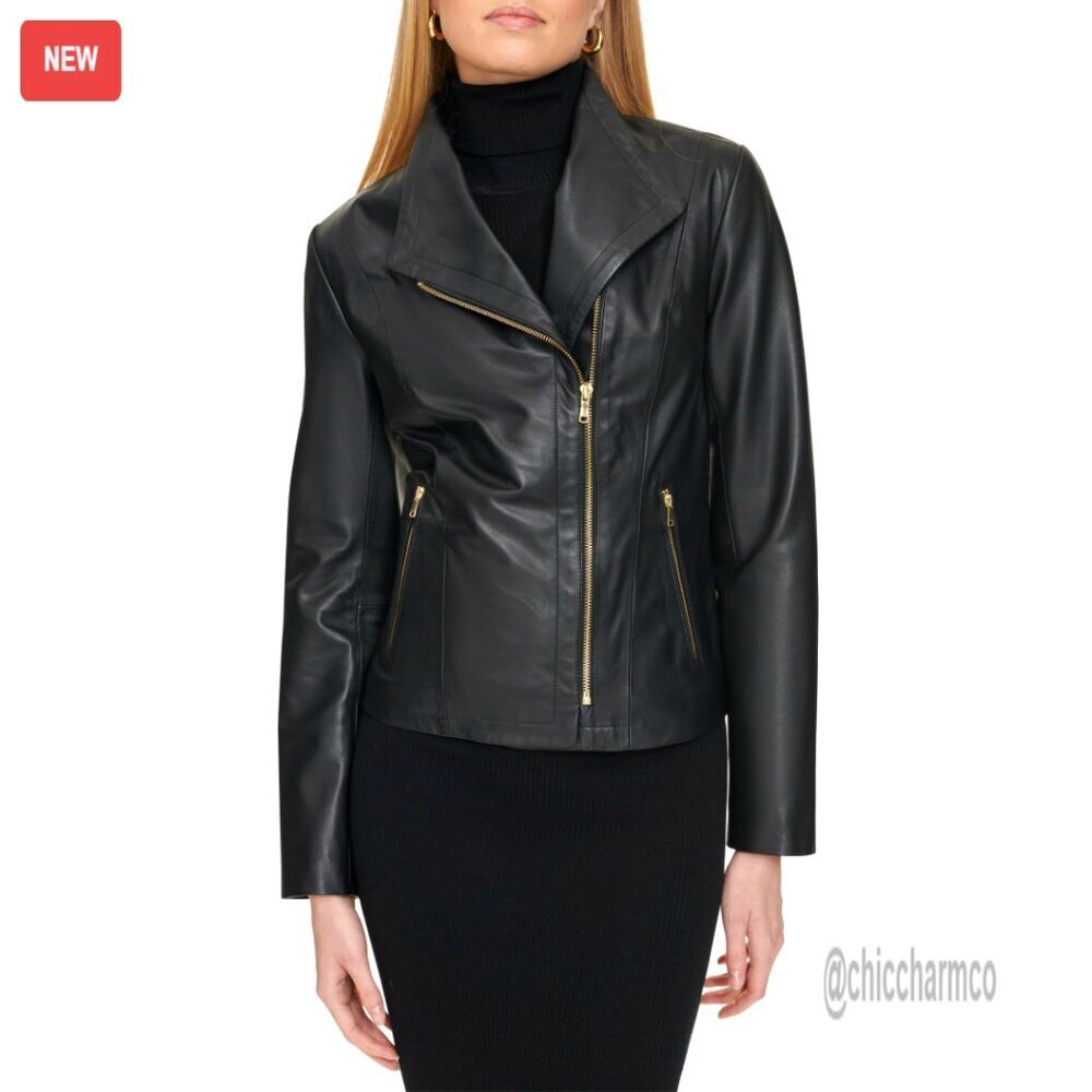 Long Sleeve Moulded Collar Classic Leather Jacket
